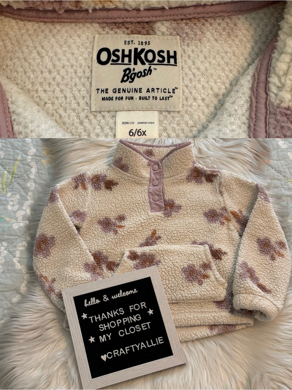OshKosh B'gosh Cream Fleece Pullover with Lavender Floral Print | Girls 6/6X